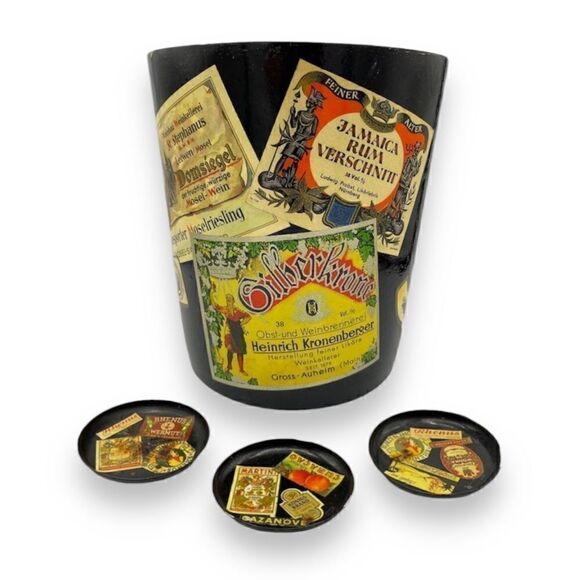 MidCentury W German Alcohol Label Decoupage Enameled Champagne Bucket & Coasters - Picture 1 of 16